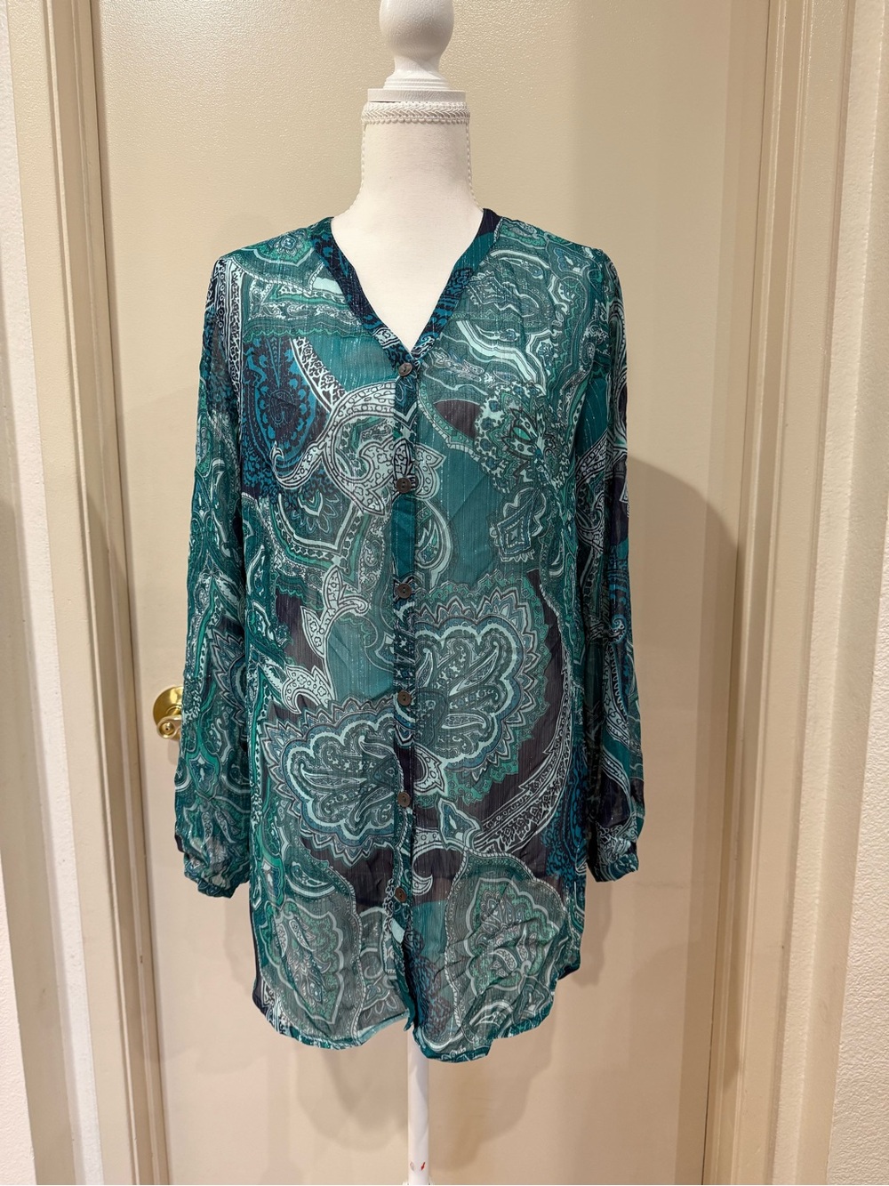 Susan Graver Teal Paisley Button-Front Tunic With 1% Metallic Shining Threading